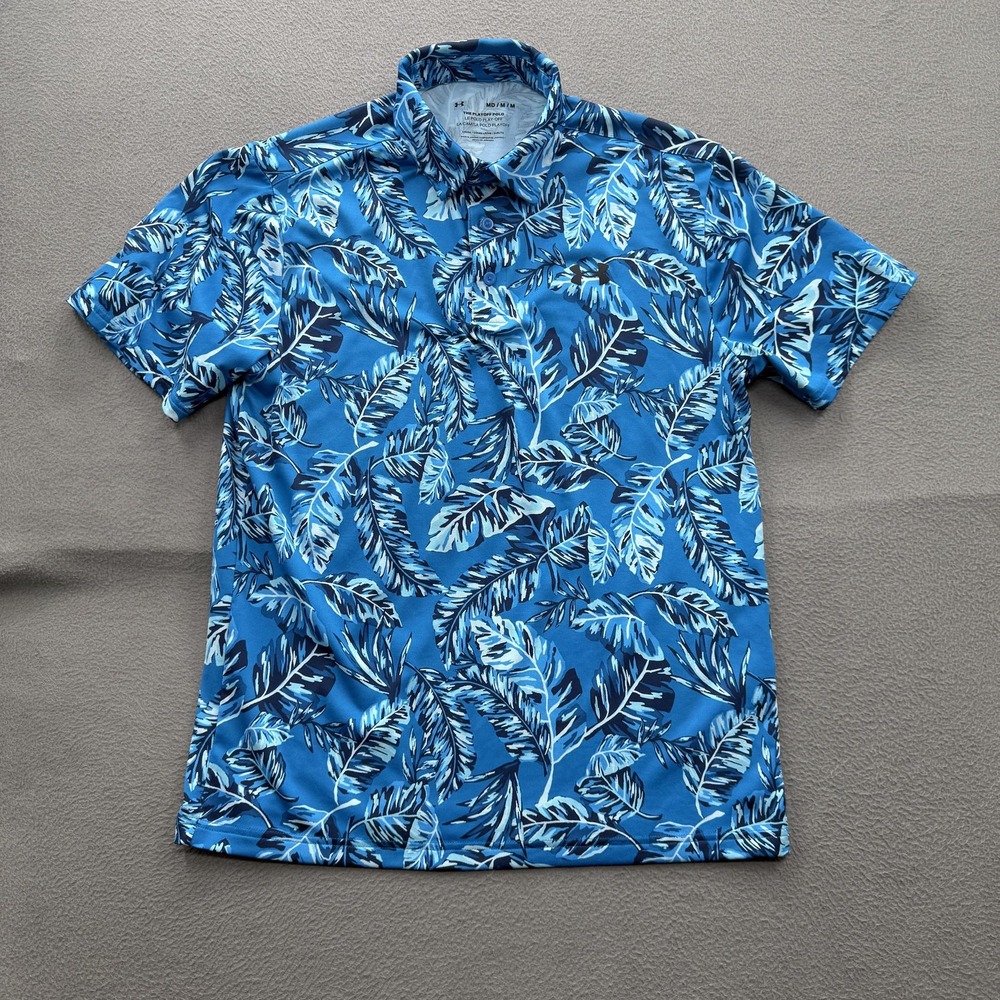 Under Armour Playoff Polo Golf Shirt Mens Medium Blue Tropical Print Performance